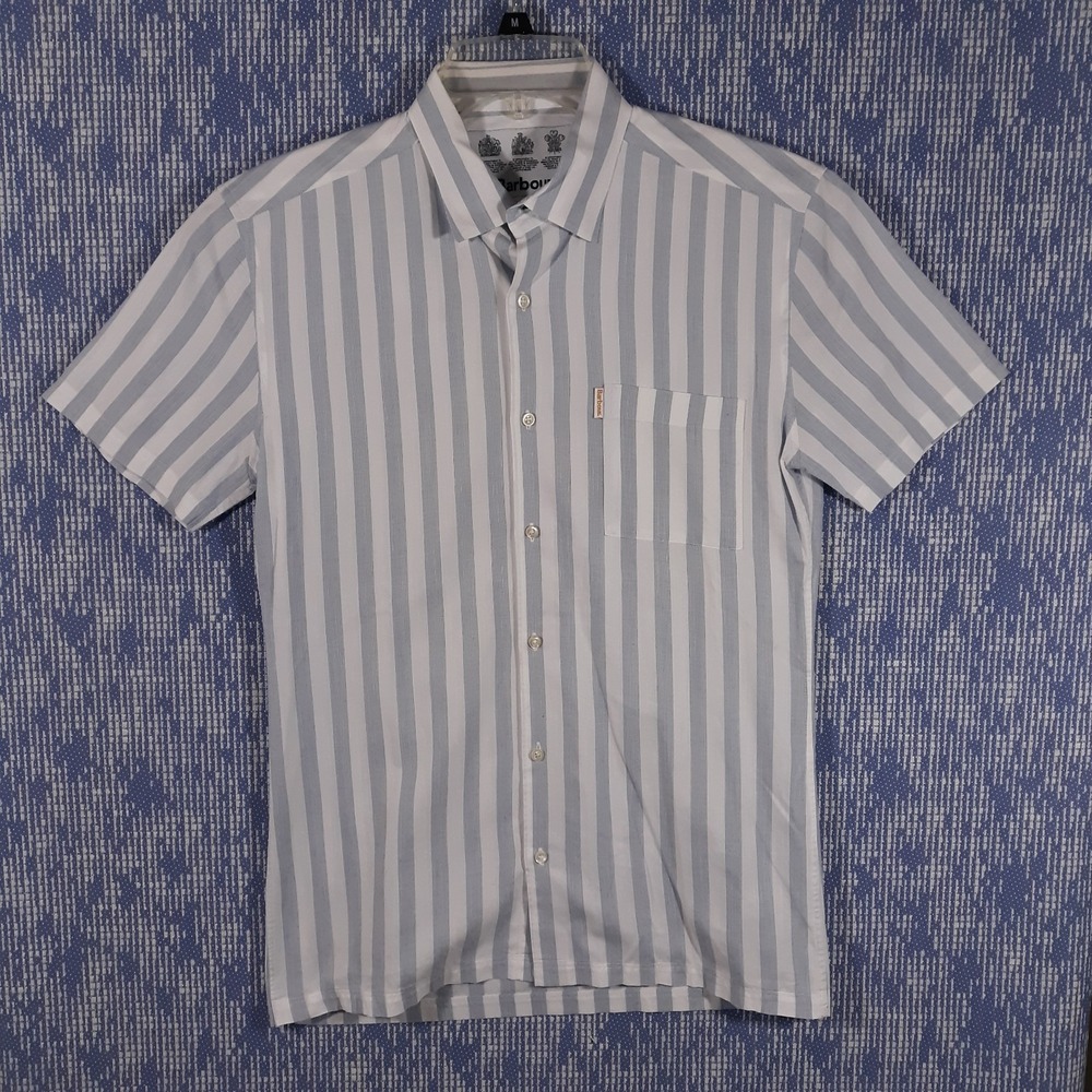 Barbour Shirt Mens Size Small Slim Fit Blue White Cotton Short Sleeve